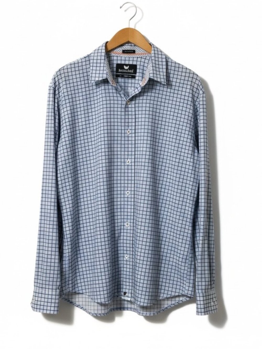 Buttercloth Icy Cotton Mens L Blue Windowpane Check Button Down Stretch Shirt